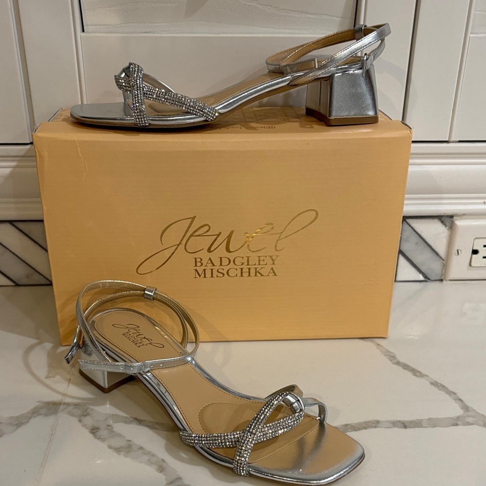 Badgley Mischka Metallic Silver Rhinestone Knot Strap Sandals